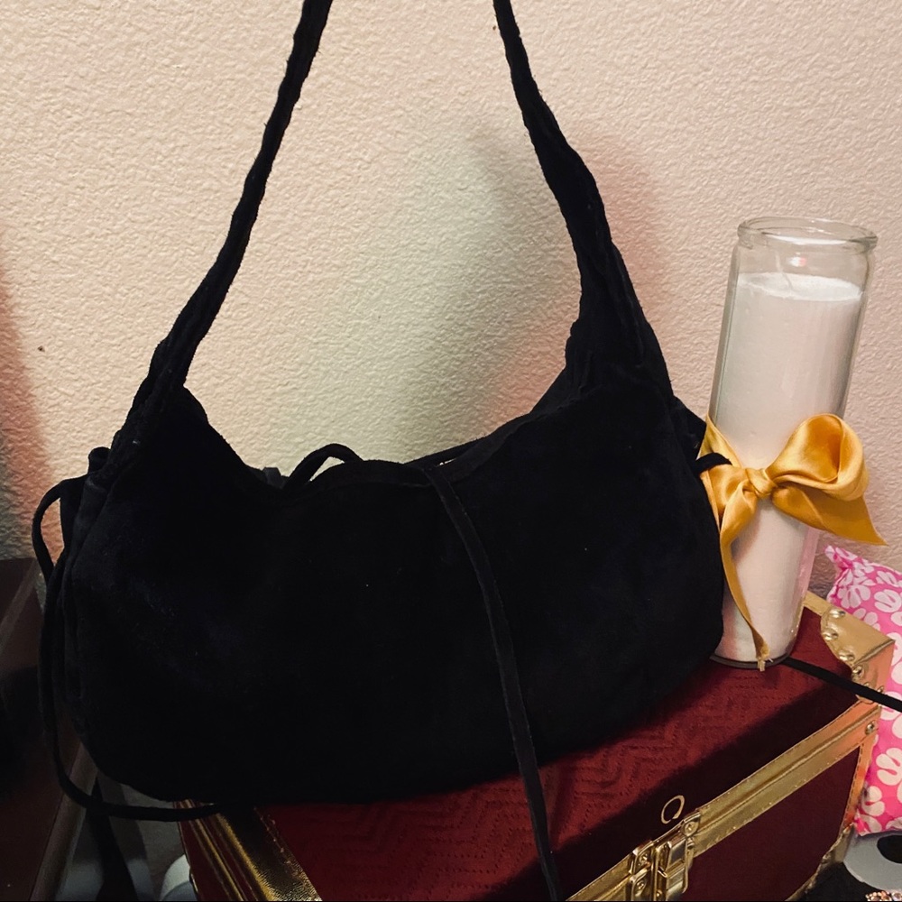 Authentic RARE Vintage Prada handbag Black suede with drawstring ties EUC